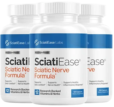 3 white SciatiEase bottles with the blue SciatiEase Labs band (brand render)