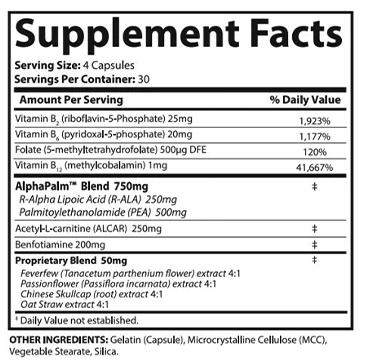 The SciatiEase Supplement Facts panel: serving size 4 capsules, 30 servings, B vitamins, AlphaPalm Blend, acetyl-L-carnitine, benfotiamine, a 50 mg proprietary blend and other ingredients