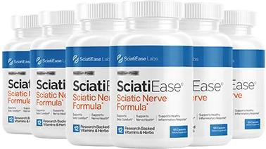 6 white SciatiEase bottles with the blue SciatiEase Labs band (brand render)