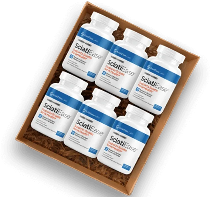 Six SciatiEase bottles packed in an open cardboard shipping box, seen from above